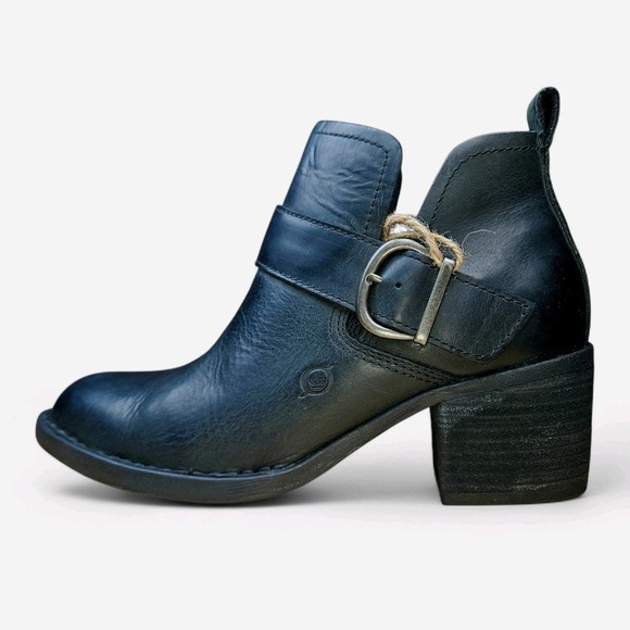 Born Royce Ankle Boots Size 7 Black Distressed Leather Silver Buckle Block Heel - Picture 11 of 11